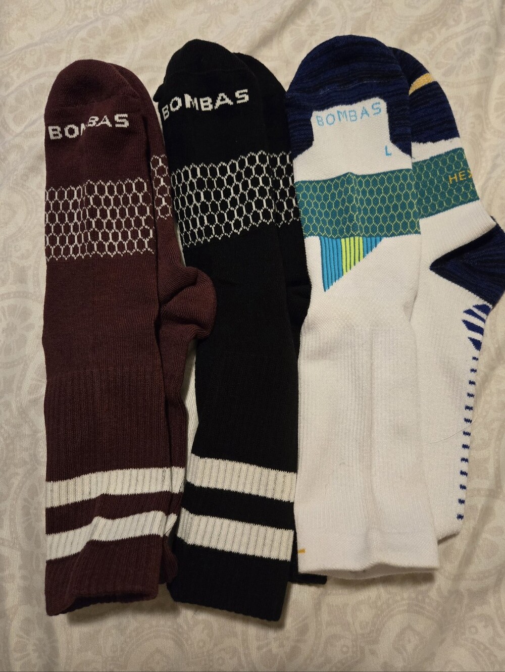 Bombas Men’s Crew Socks - White & Black, Maroon, White & Blue (3-Pack) - L